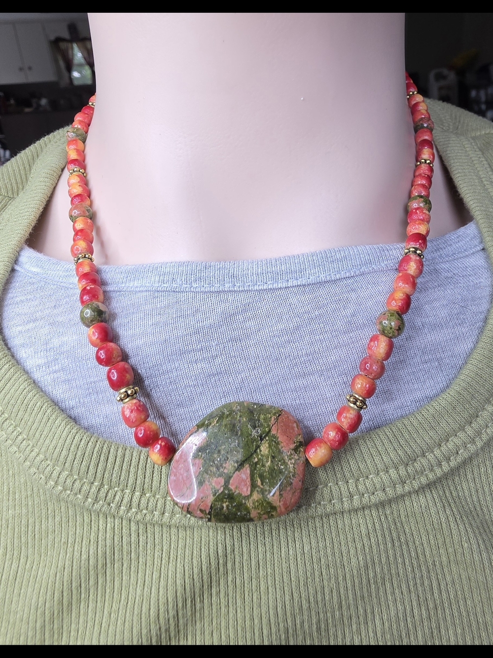 Coral & Green Unikite  Necklace - Handcrafted Women’s Jewelry